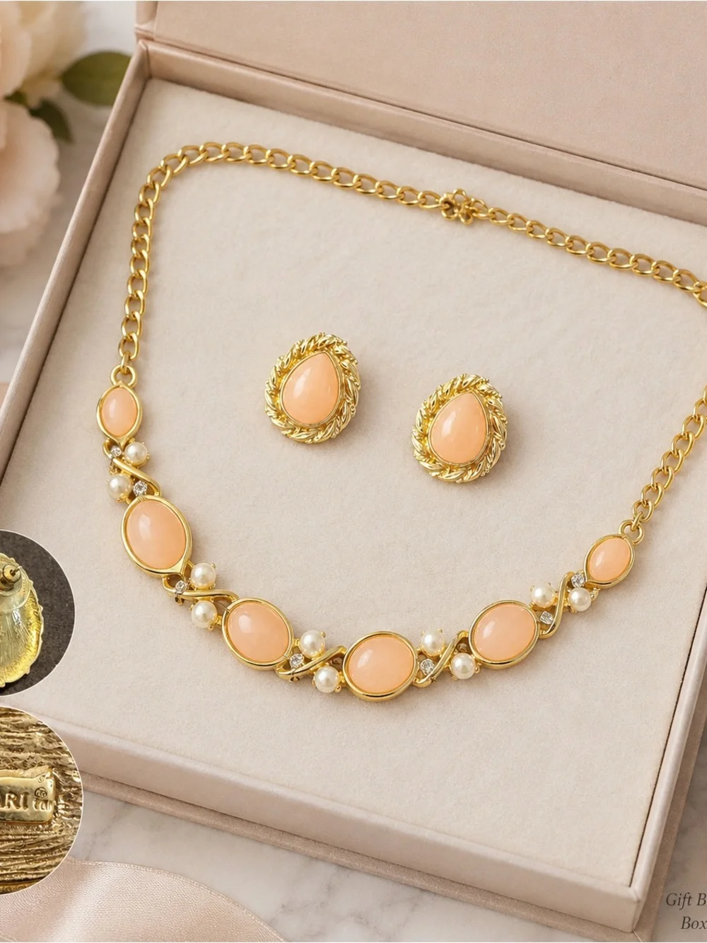 Trifari Gold-Tone Necklace and Earrings with Peach Cabochons